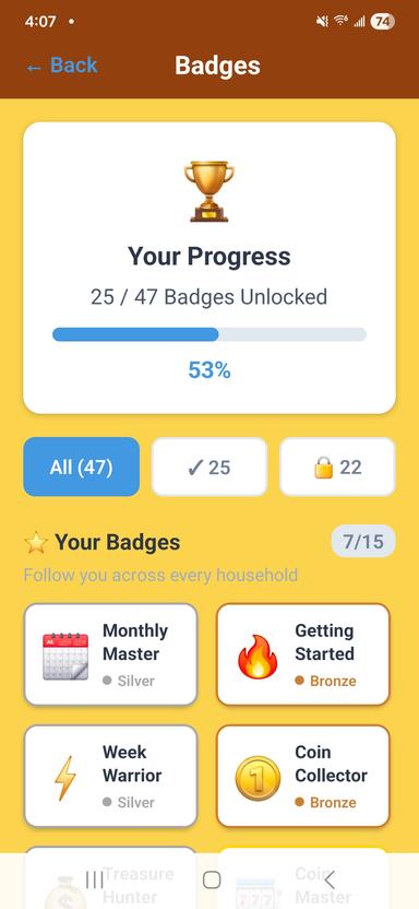 Badge collection screen showing earned achievements