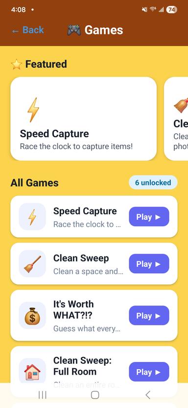 Games screen showing organizing mini-games