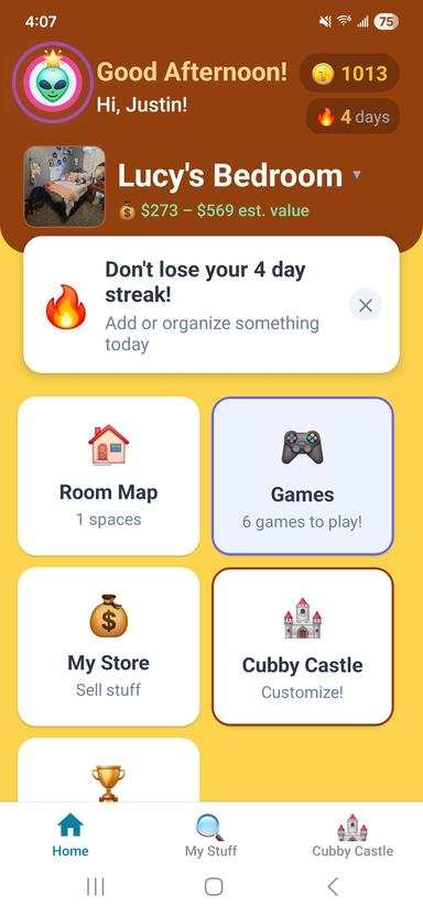 Cubby Box home screen showing your organized spaces